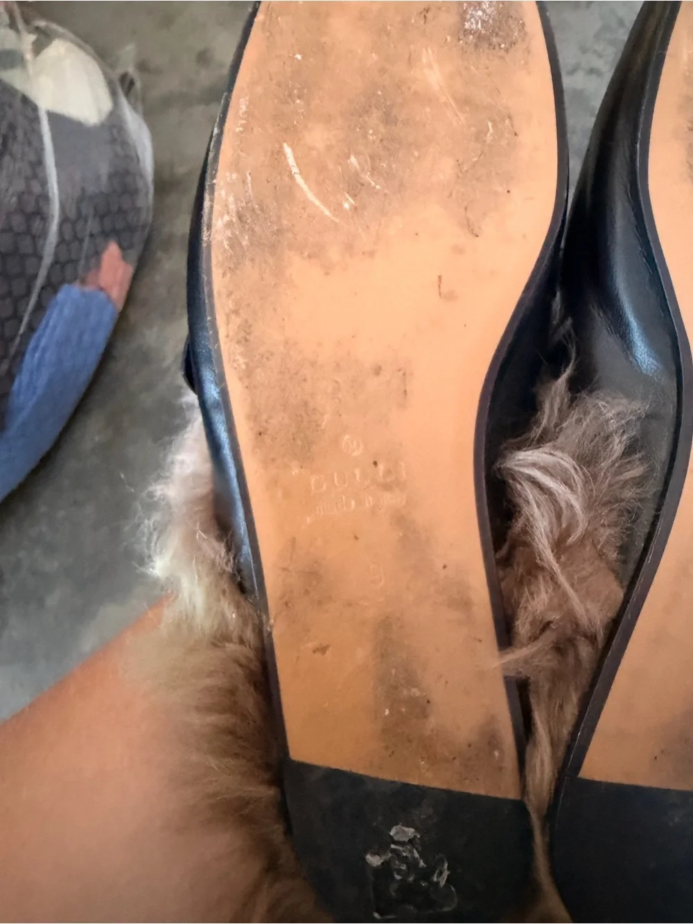 Gucci Shearling Slippers in Taupe Fur with Tan Leather Patch